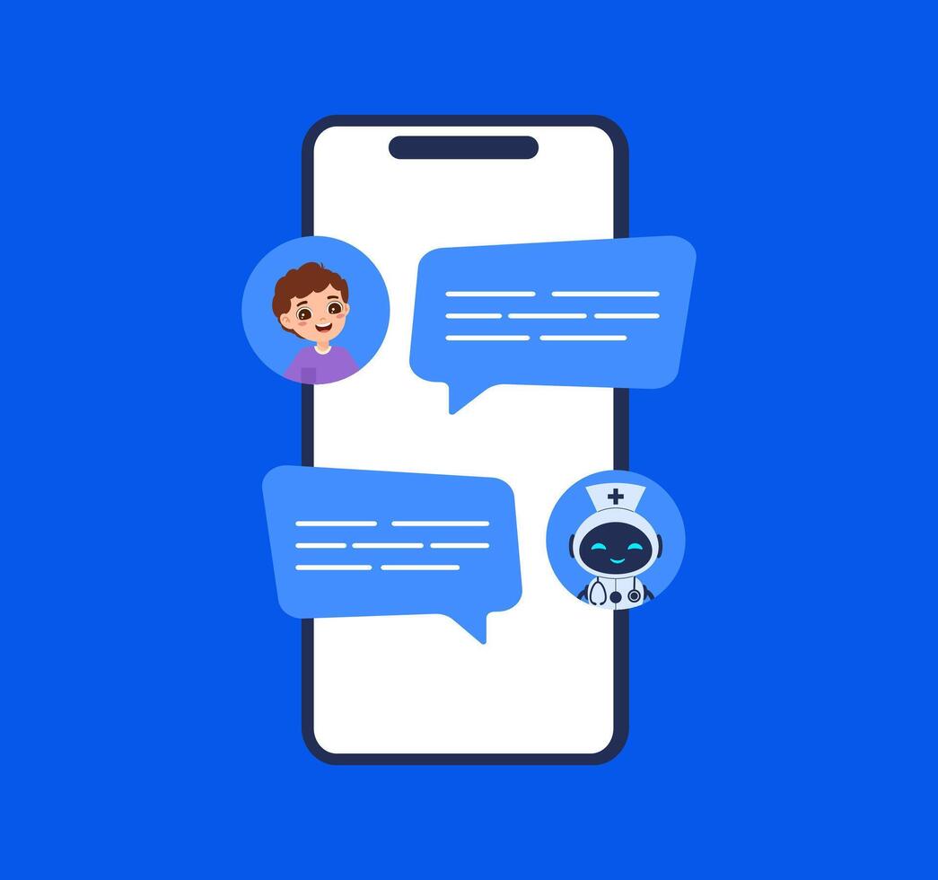 Messages on smartphone screen showing conversation with AI doctor. illustration for medical chatbot and healthcare services vector
