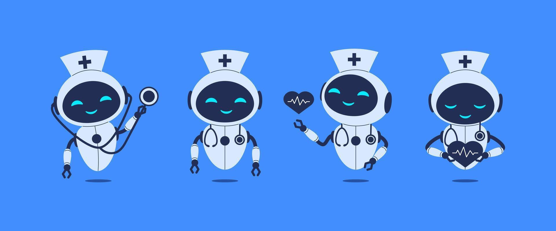 Medical AI robot set with healthcare elements. illustration for artificial intelligence in medicine, healthcare automation, and robotic doctors vector