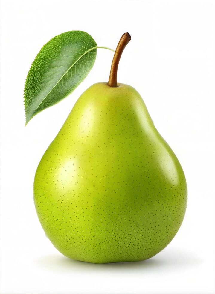 Detailed shot of a ripe green pear with leaf centered against a white background in bright lighting photo