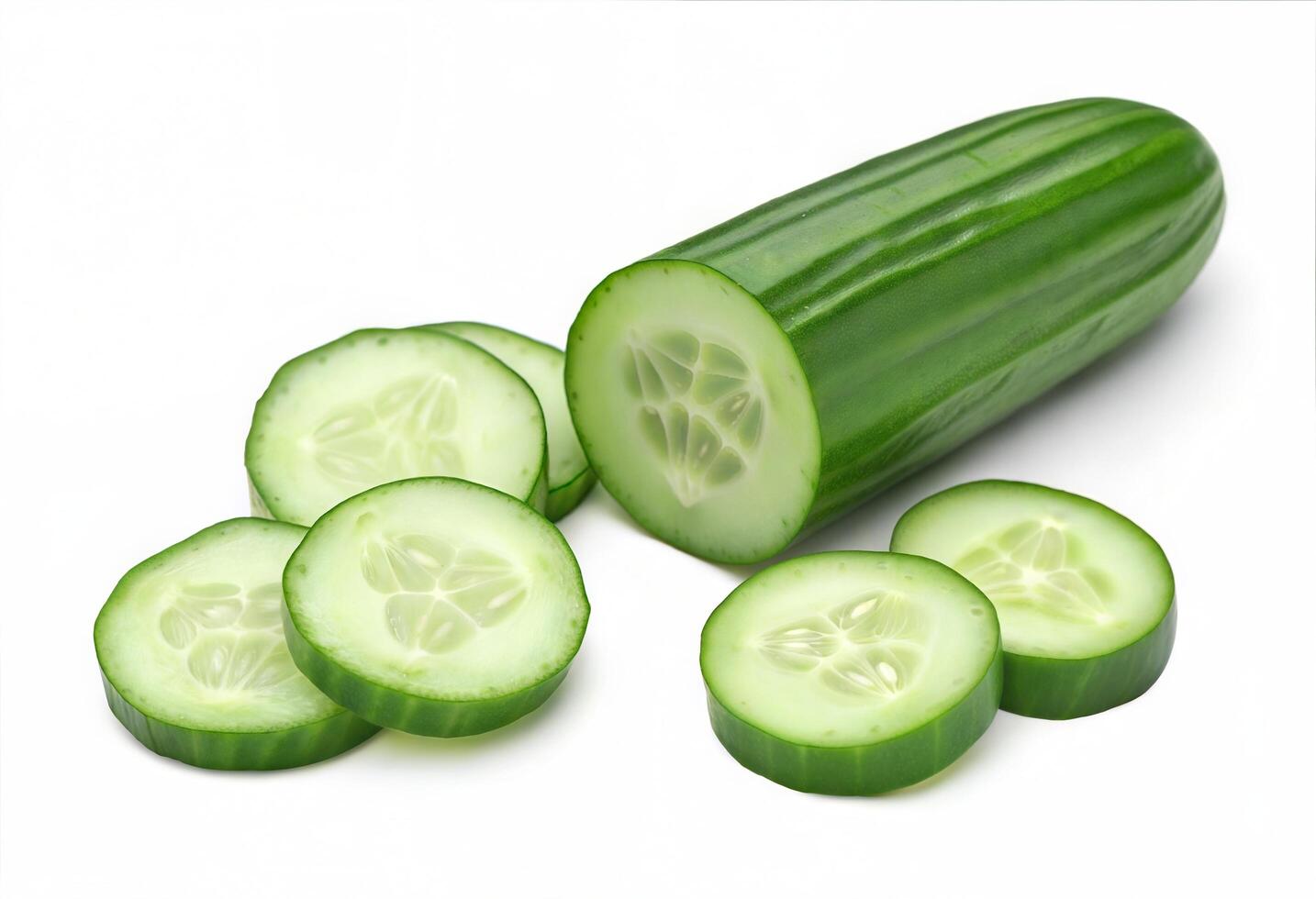 Fresh cucumber with crisp slices around it close up on white showing vivid green texture and detail photo