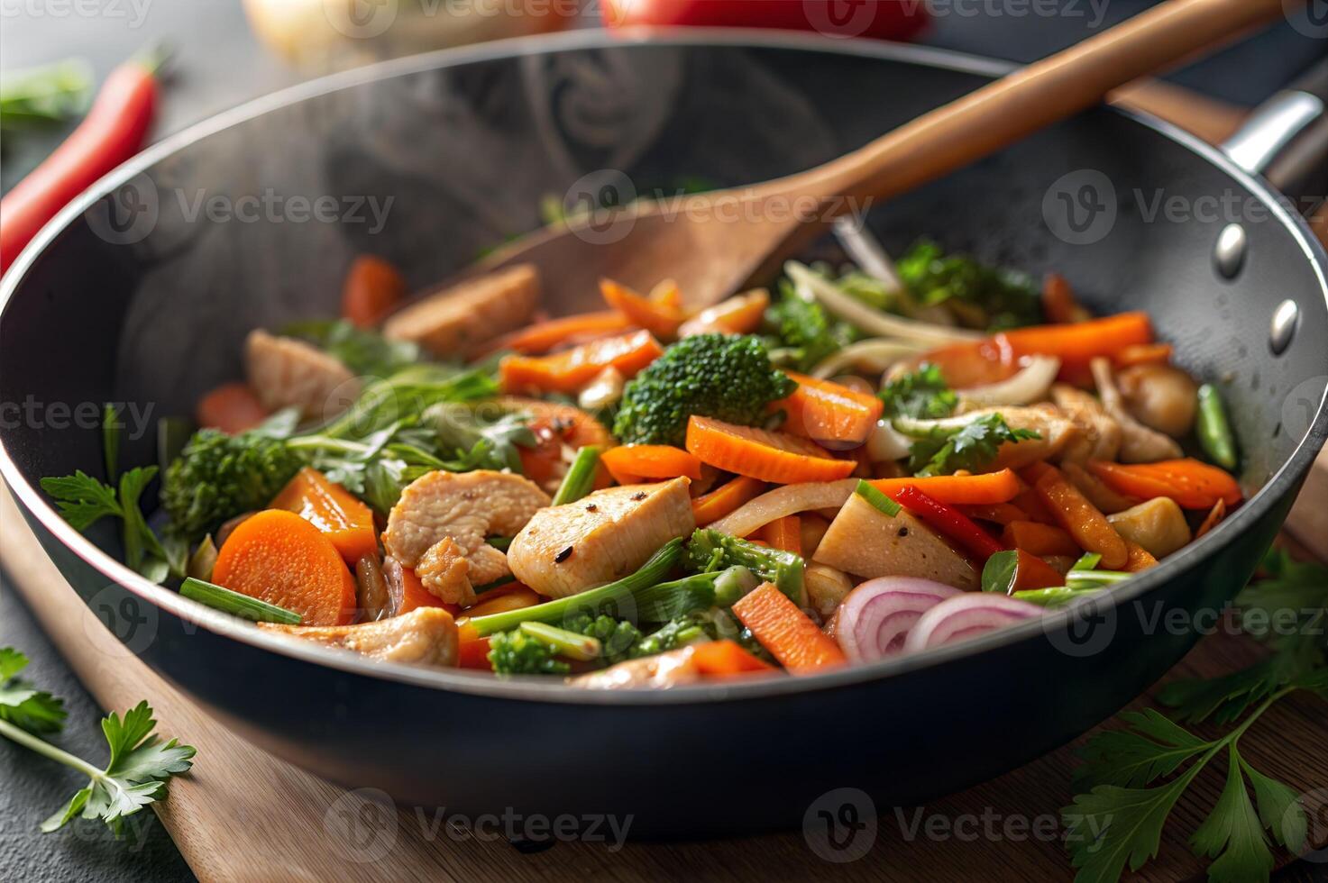 Delicious Colorful Stir Fry with Vegetables and Chicken in a Hot Pan photo