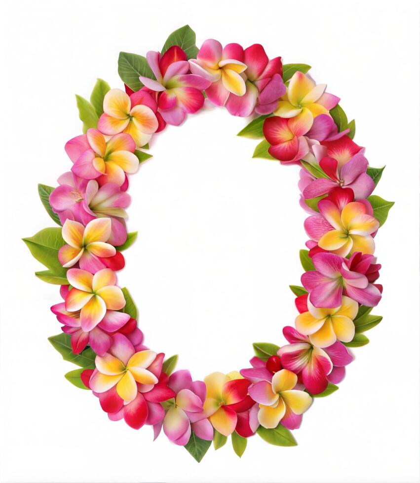Handcrafted floral lei with vibrant flowers and leaves creating a colorful wreath like tropical design photo