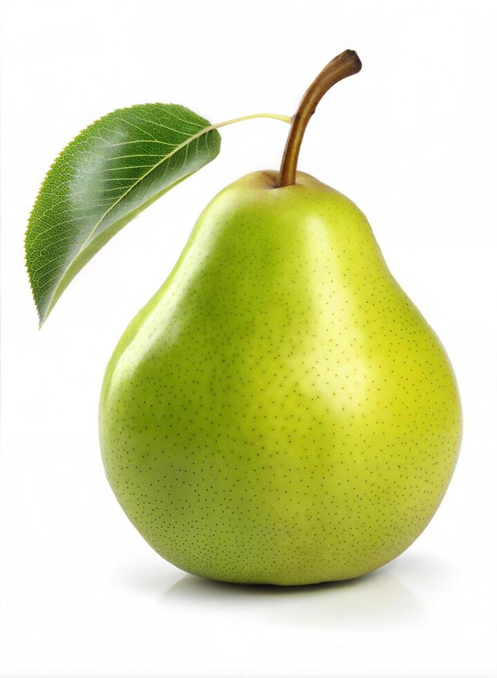 Close up of a round glossy pear with healthy leaf and stem in bright light on white background photo