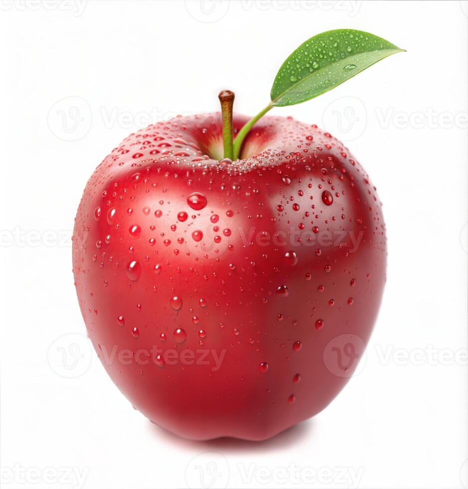 Glossy red apple with a green leaf on top and water droplets resting on its skin captured in a high resolution close up showing vibrant juicy texture photo