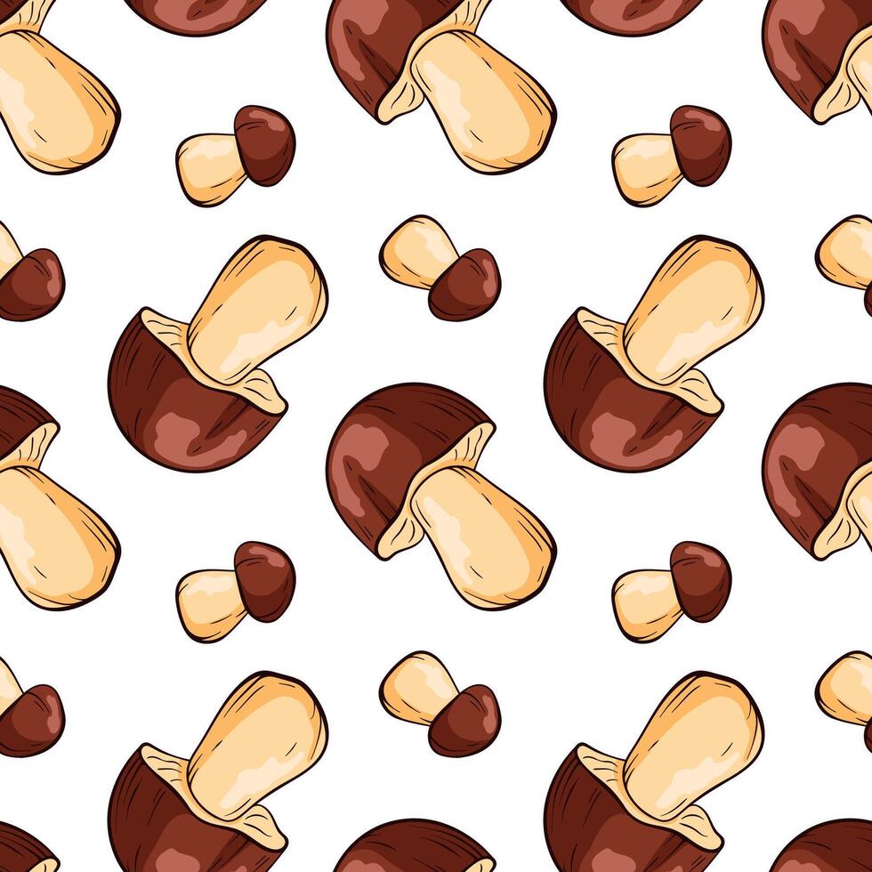 Seamless pattern of mushroom boletus in cartoon style for children textile and decor. Decorative backdrop for wallpaper, textile, wrapping, fabric. illustration. vector