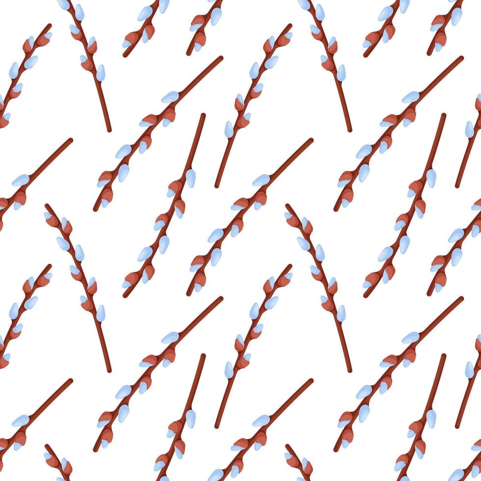 Easter willow wreath seamless pattern. Easter spring twigs blossom willow tree. spring illustration in cartoon style on a white background. vector