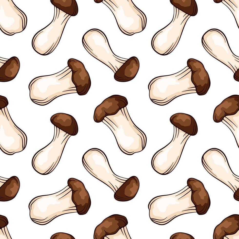 Seamless pattern with King Trumpet Oyster mushroom in line art, cartoon style. Design template for textile, wallpaper, print. illustration on a white background. vector