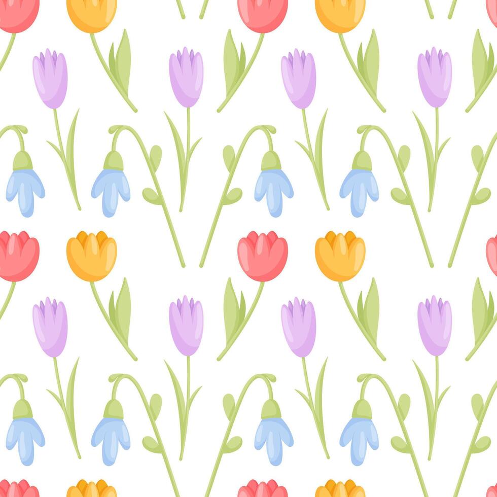 Spring flower seamless pattern in cartoon style. Background design with tulips and lilies of the valley. vector