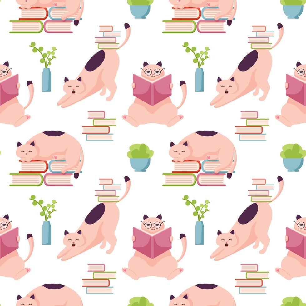 Cat character study seamless pattern in flat style. Background with happy cute cats character in glasses. Cartoon art style design of scientist animal cat for web, greeting card, banner. vector