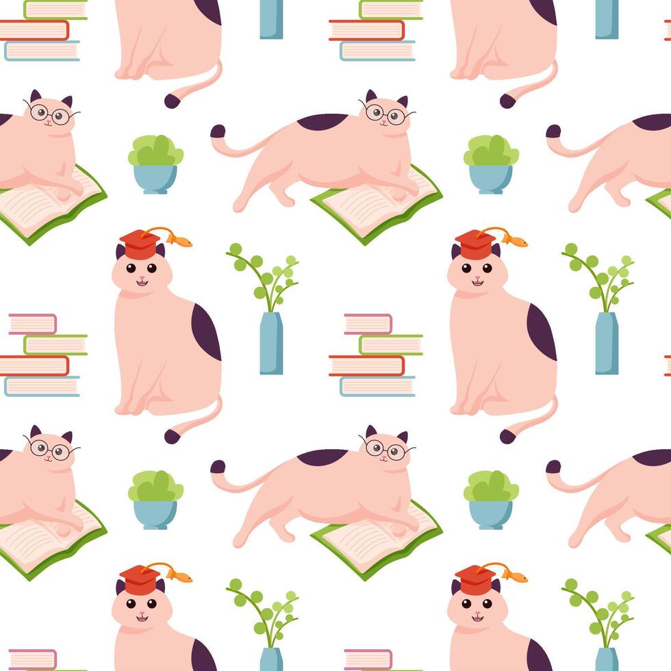 Cat character study seamless pattern in flat style. Happy cute cats character in glasses. Cartoon art style design of scientist animal cat for web, greeting card, banner. vector