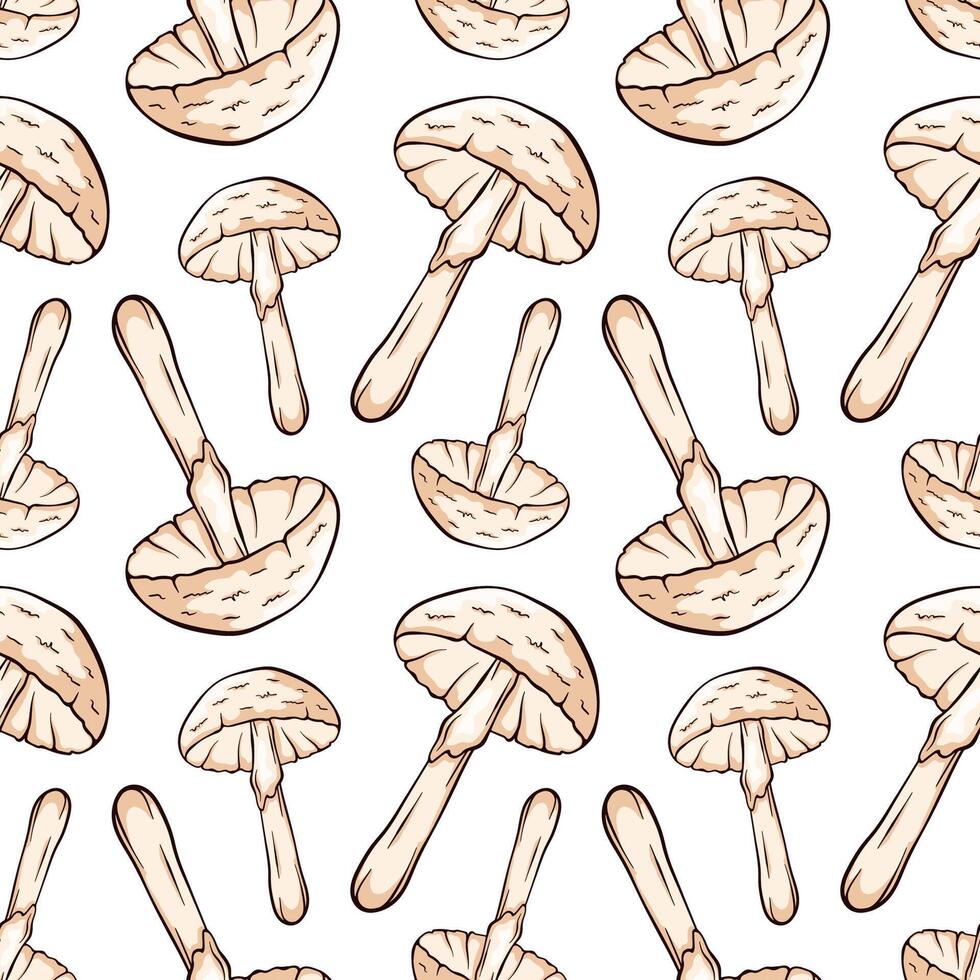 Seamless pattern with Destroying Angel inedible mushroom in cartoon, line art style. For wrapping paper, wallpaper, textiles, background. illustration on a white background. vector