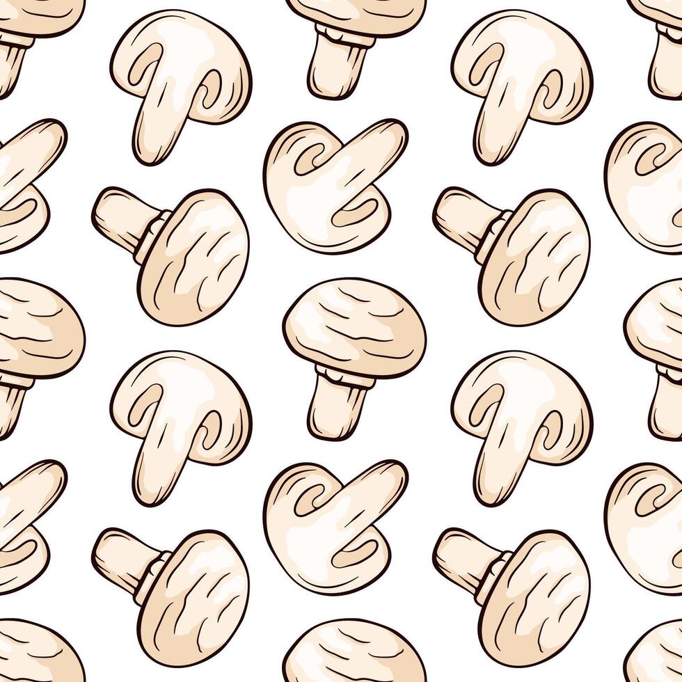 Champignon mushroom seamless pattern in line art, cartoon style. Great for menu, label, packaging, recipe. illustration on a white background. vector