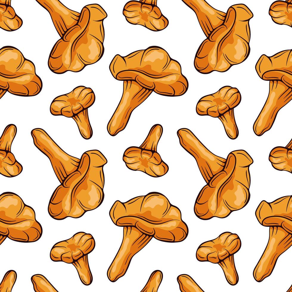 Chanterelle mushroom seamless pattern in cartoon style. Design for wrapping paper, fabric, wallpaper. illustration on white background. vector