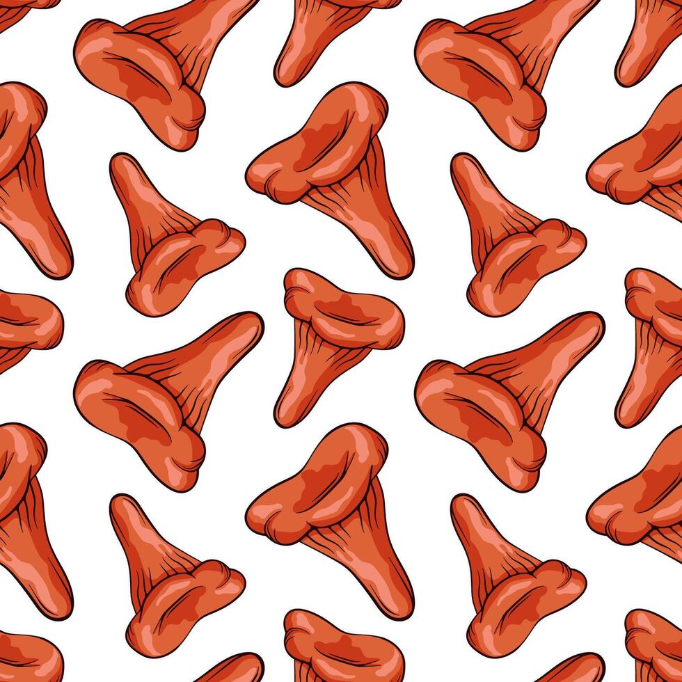 Seamless pattern with niscalo mushroom in cartoon style. Endless repeatable texture with organic vegetarian food. illustration on a white background. vector