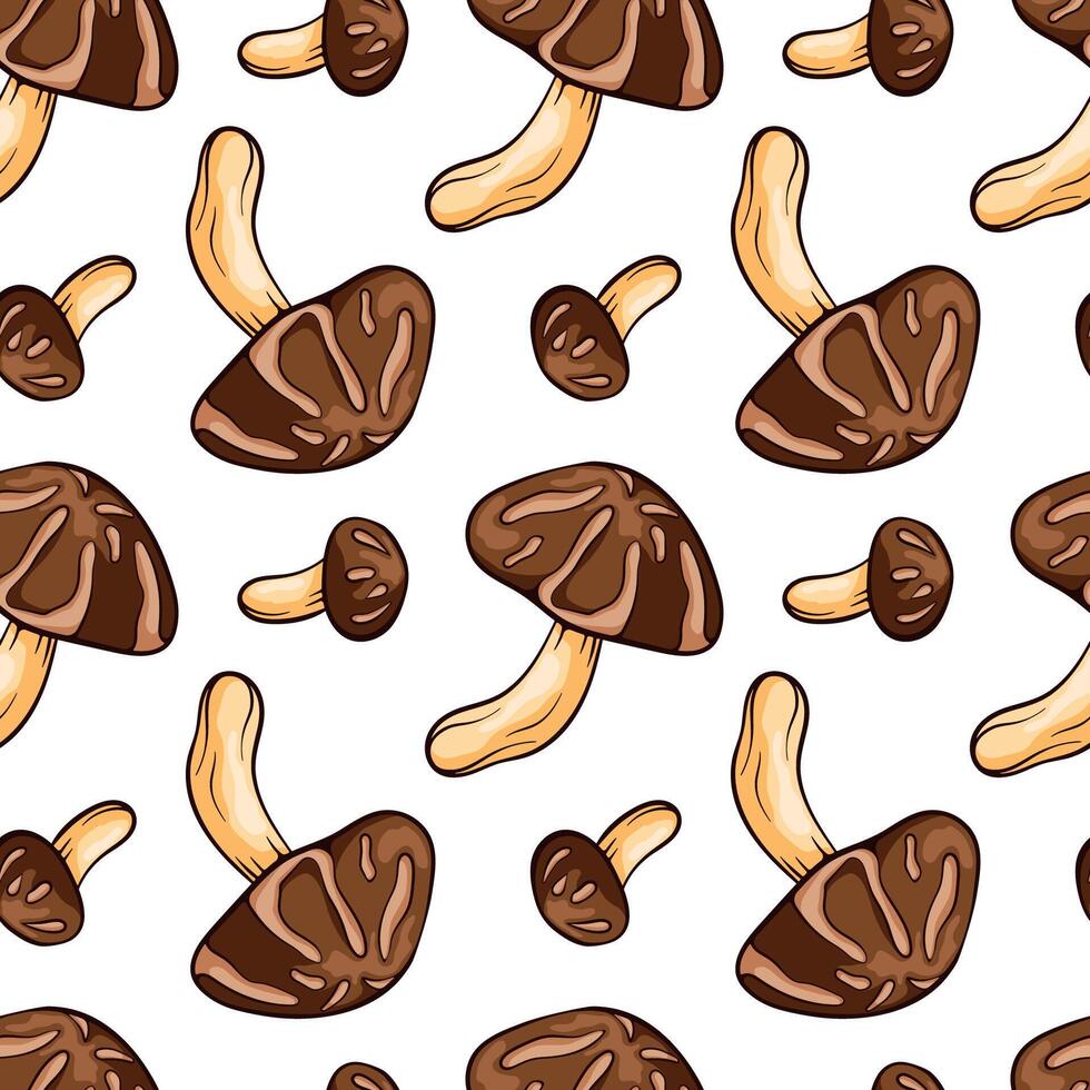Seamless pattern with Shiitake mushroom in cartoon line art style. For wrapping paper, wallpaper, textiles, background. illustration on a white background. vector