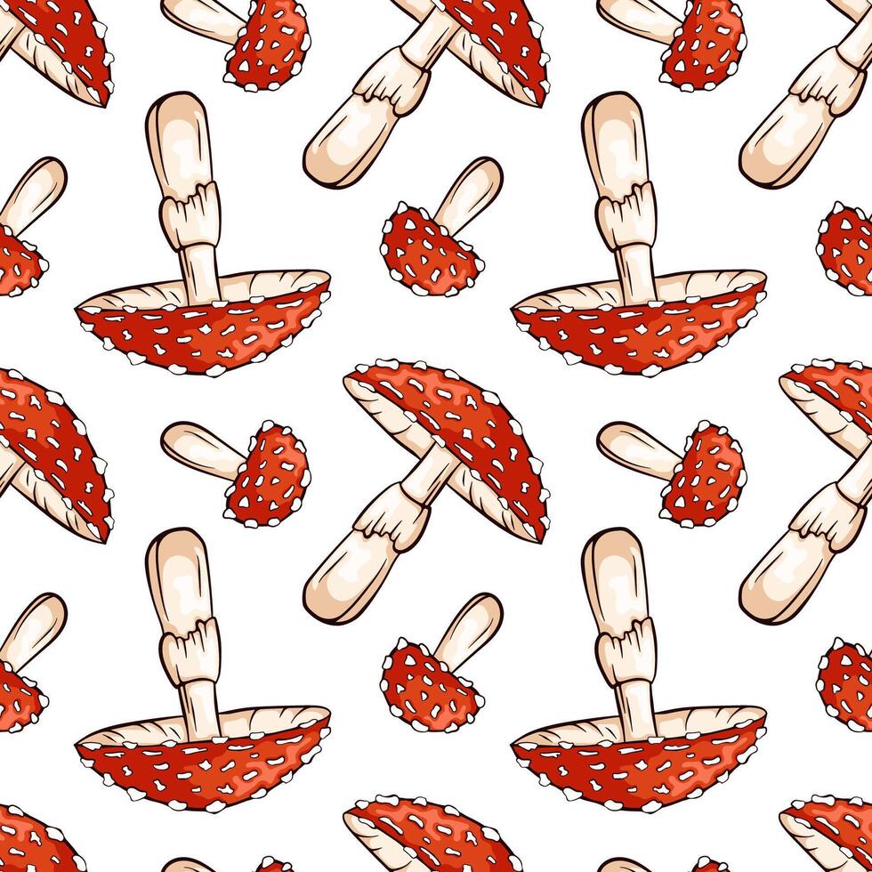 Fly agaric inedible mushroom seamless pattern in cartoon style. Amanita Muscaria texture design for textile, wrapping paper, decor. illustration on a white background. vector