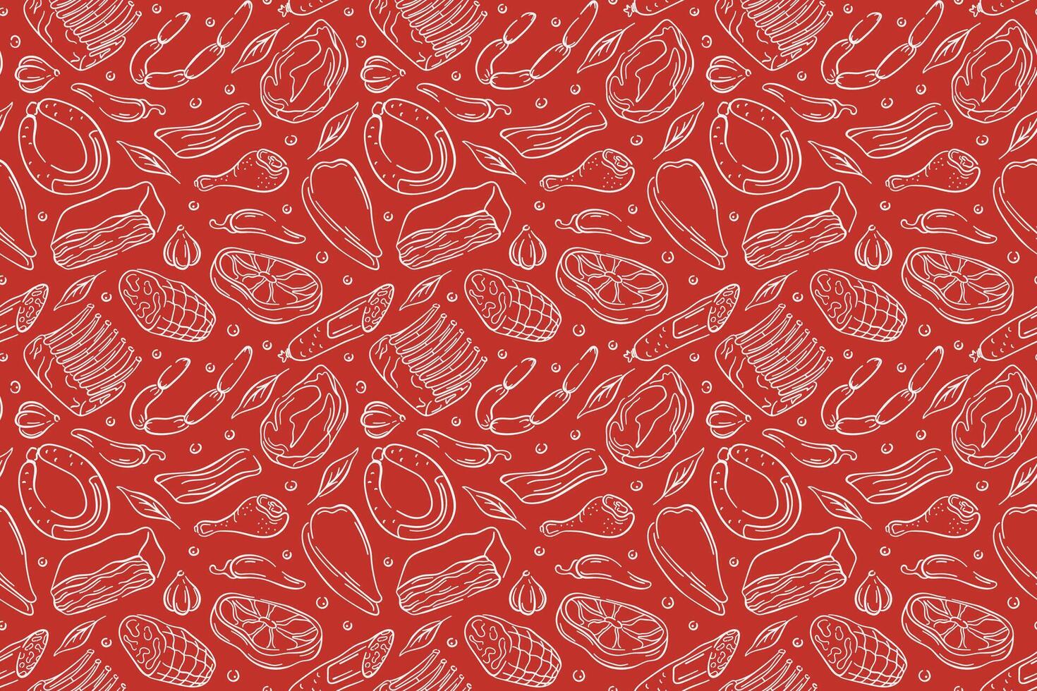 Seamless pattern with line art meat steak, sausage, bacon, drumstick, garlic, chili. herbs and spices on red background. Great for butcher shop, deli packaging or kitchen design. vector