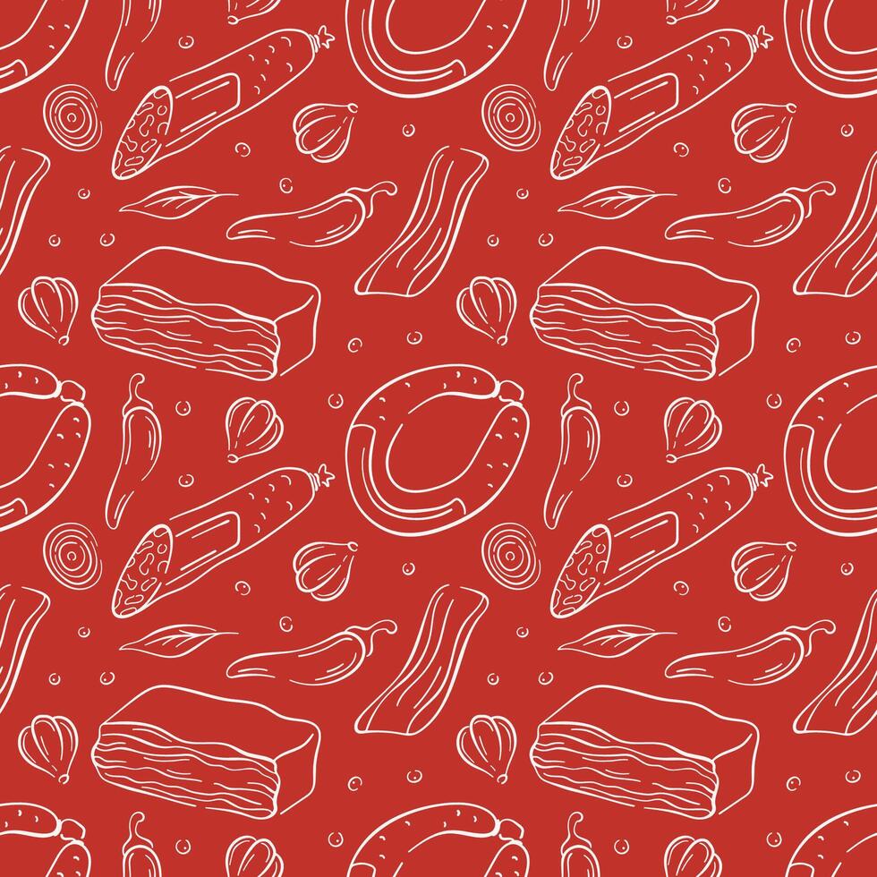 Seamless pattern of sausage, bacon and salami in line art style on red background. Perfect for food branding, butcher shop design and restaurant menu. vector