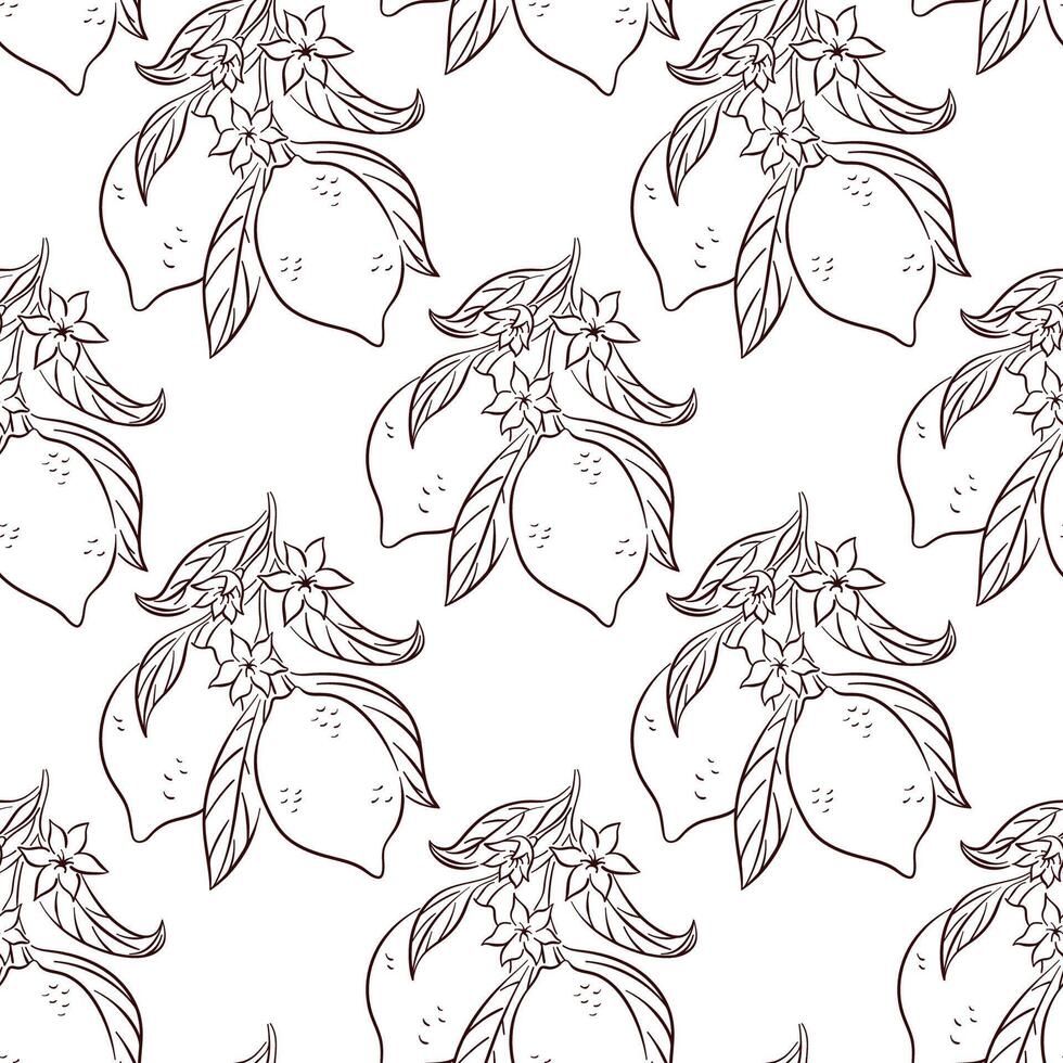 Seamless pattern with line art style lemon, leaf and flower. Perfect for fabric print, packaging, wallpaper, summer design and fresh fruit themed project. vector