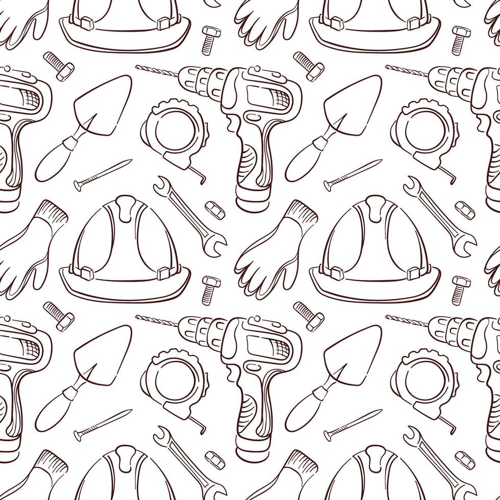 Seamless pattern of line art style construction tool including drill, helmet, gloves,, wrench and trowel. Perfect for building site, renovation, repair or engineering design. vector