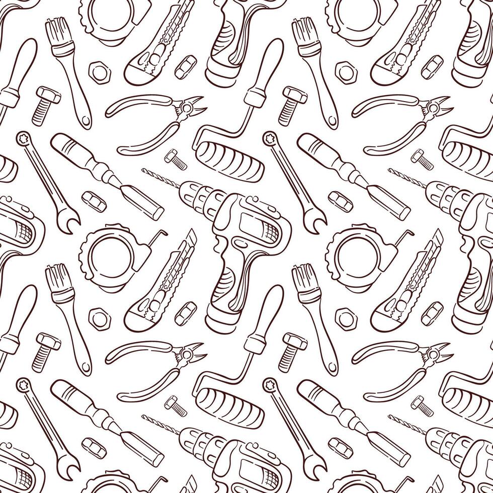 Seamless pattern with repair tools in line art style. Background with drill, Paint Roller, Tape Measure, Wire Cutter, Utility Knife, Wrench. Design for a construction store. vector