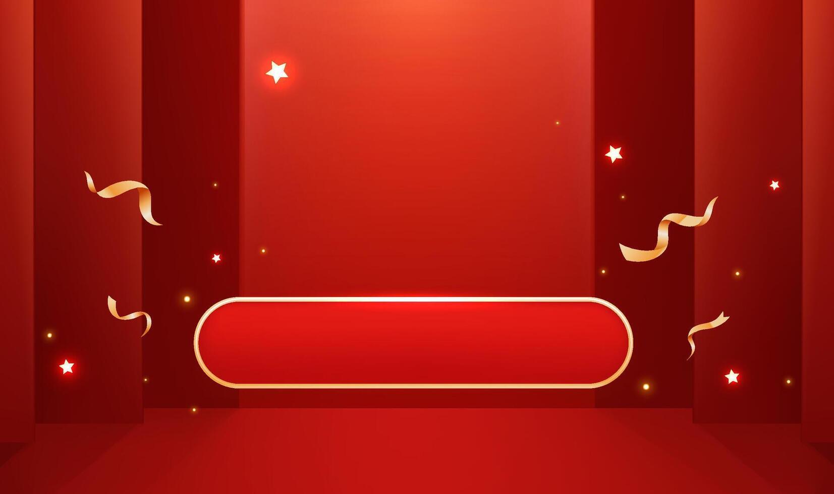 Red horizontal background design button with gold confetti celebration vector