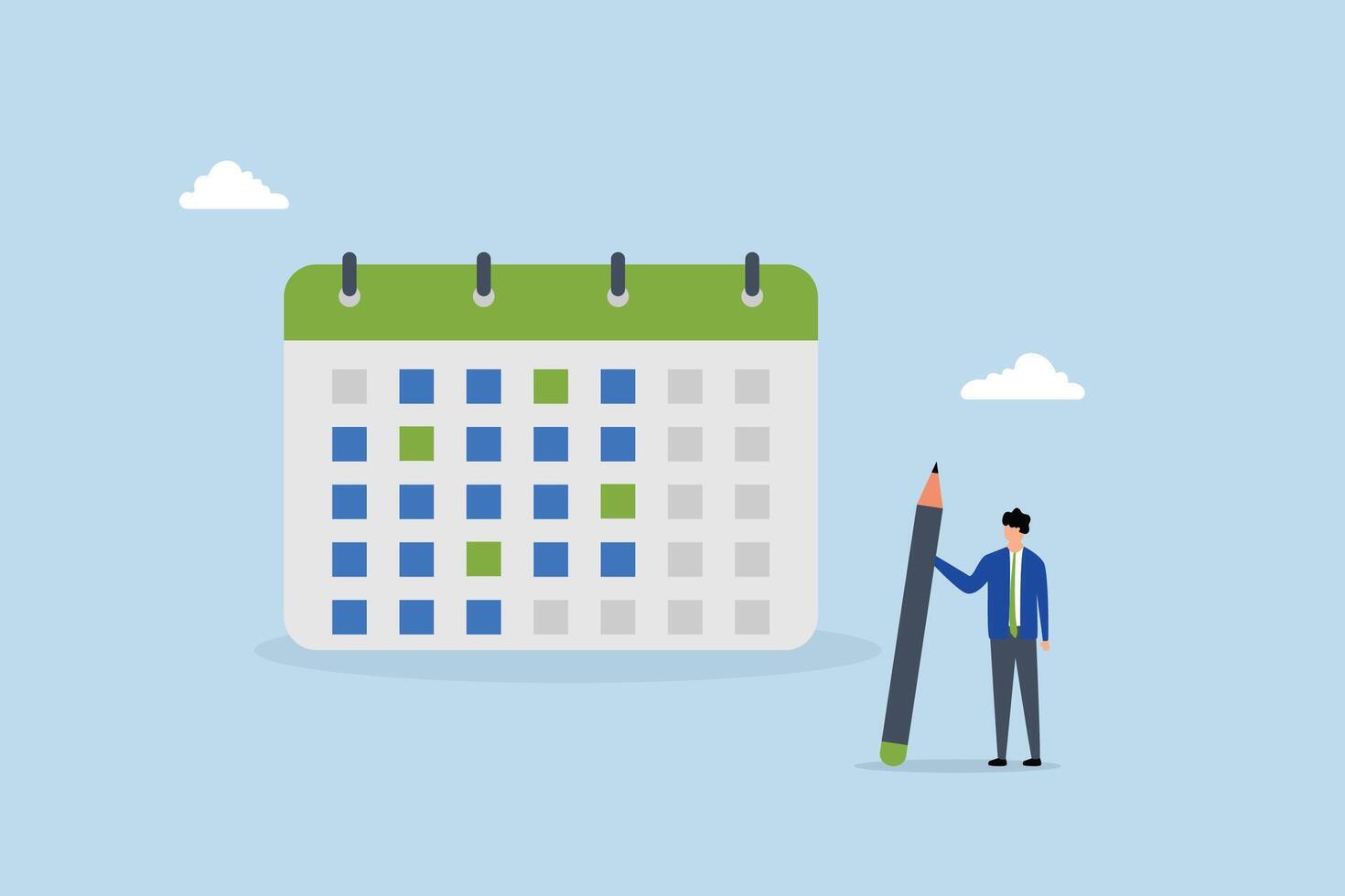 Calendar schedule, businessman hold pencil thinking with calendar schedule plan. vector