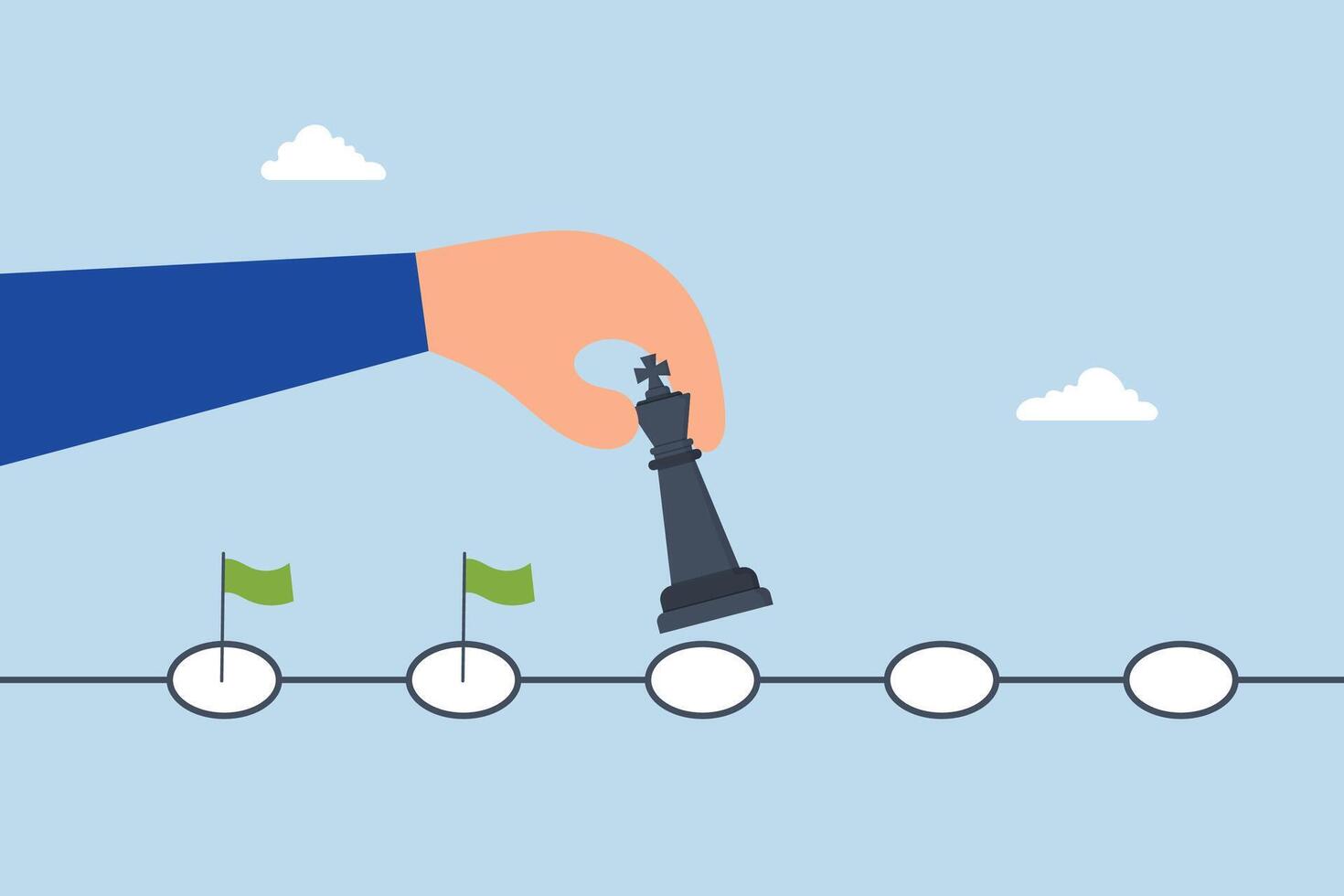 Strategic planning process, businessman move chess king step to achievement. vector