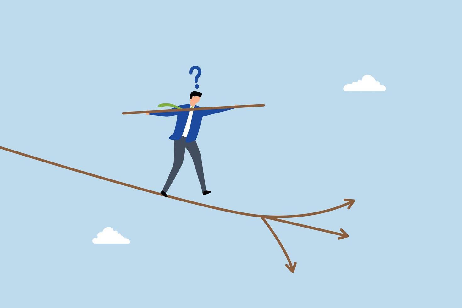 Decision making, businessman acrobat choos direction to walk. vector