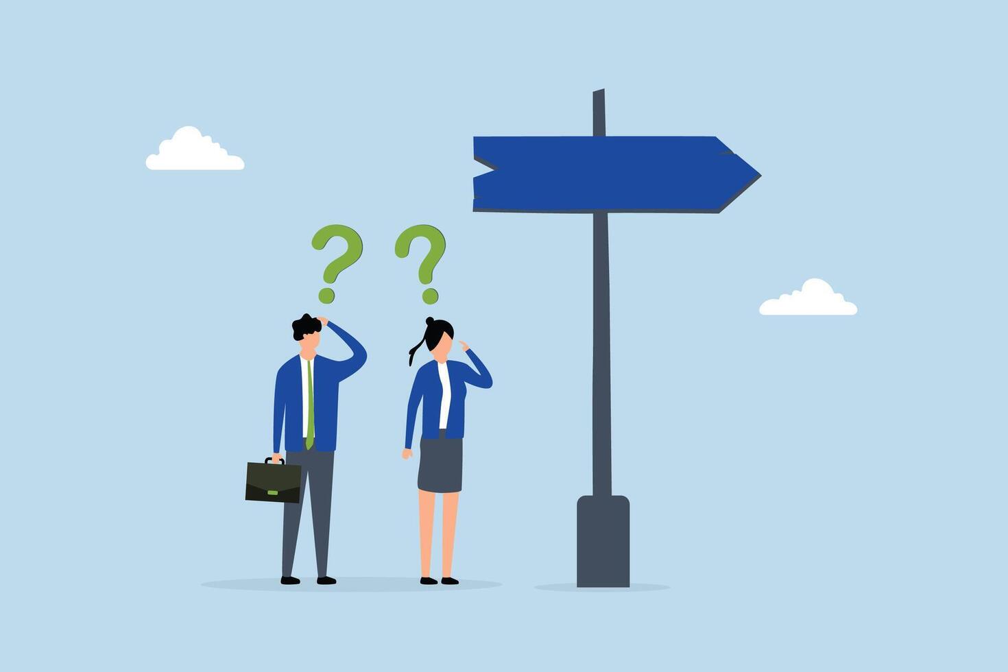 Doubt, business people think with question mark to go right way. vector