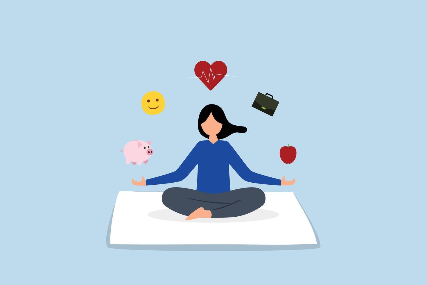 Wellness, calmness woman meditate health wellness elements. vector