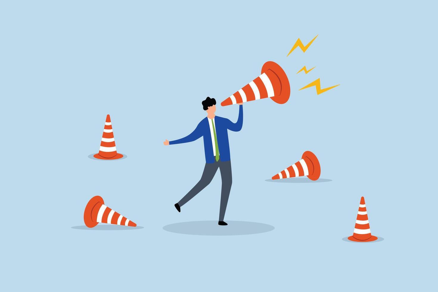 Communicate urgent message, businessman shouting loud voice message on big safety pylon. vector