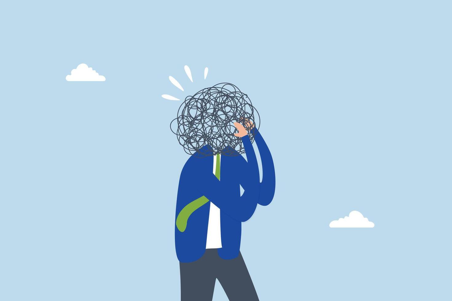 Overthinking, businessman overthinking mess head. vector