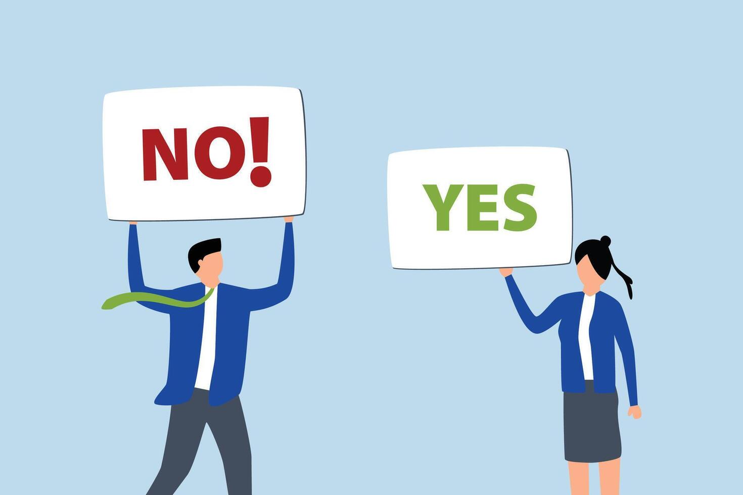 Yes, No argument or disagreement, businessman and woman arguing or fight with yes and no sign. vector