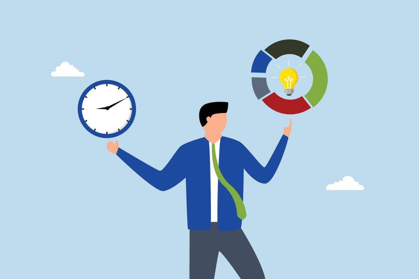 Time management, businessman holding time clock with pie chart routine. vector