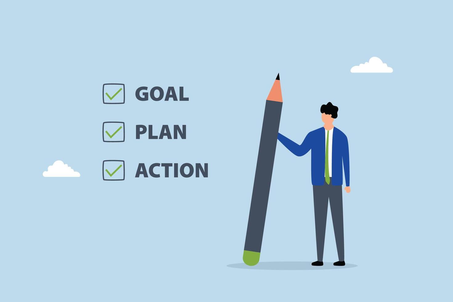 Goal, action and plan, businessman holding pencil with Goal, Action, Plan checklist. vector