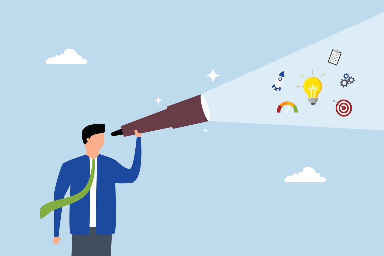 Product discovery, businessman discover light bulb idea through telescope. vector