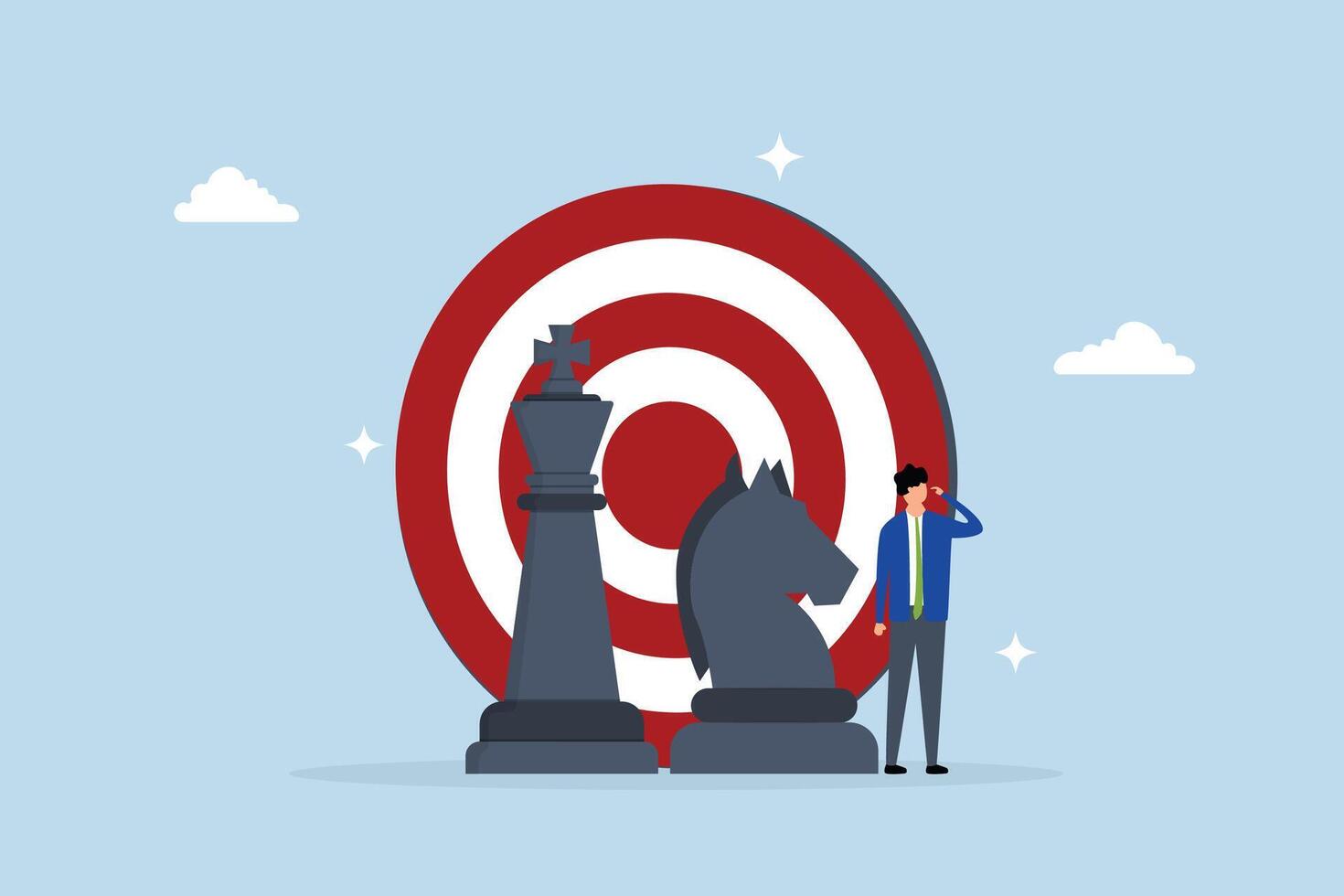 Leadership strategy to success, businessman think with king, knight chess piece for next move. vector