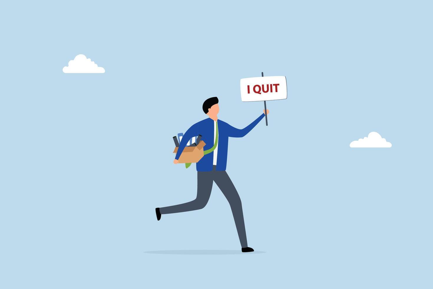 Quit full time job, businessman with stuff with quit job sign. vector