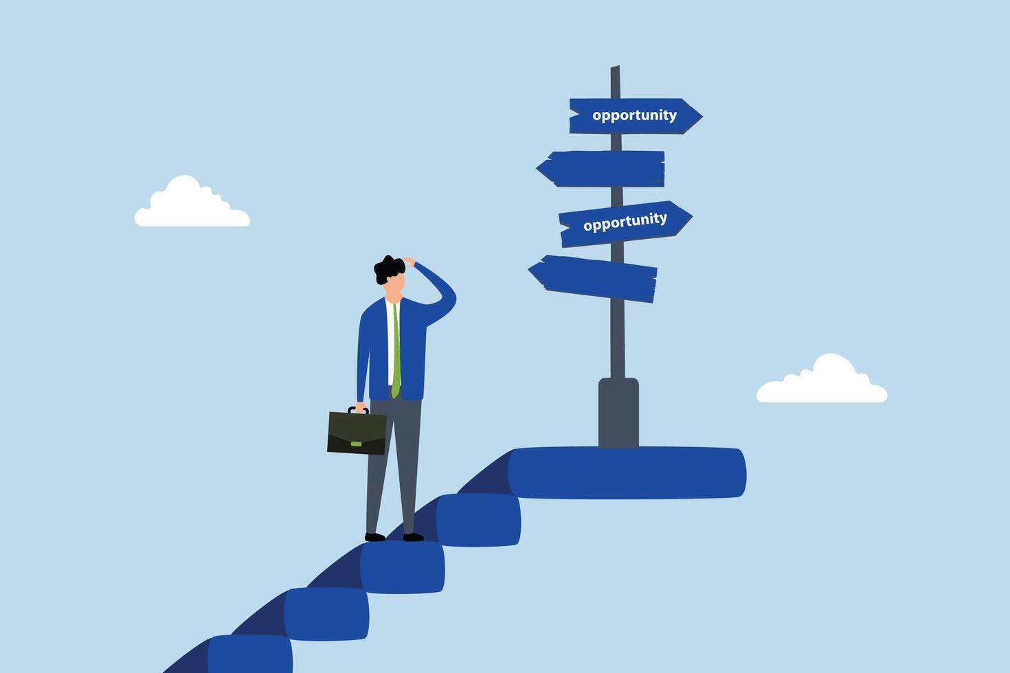 Opportunity, businessman climb up stair to see opportunity sign. vector