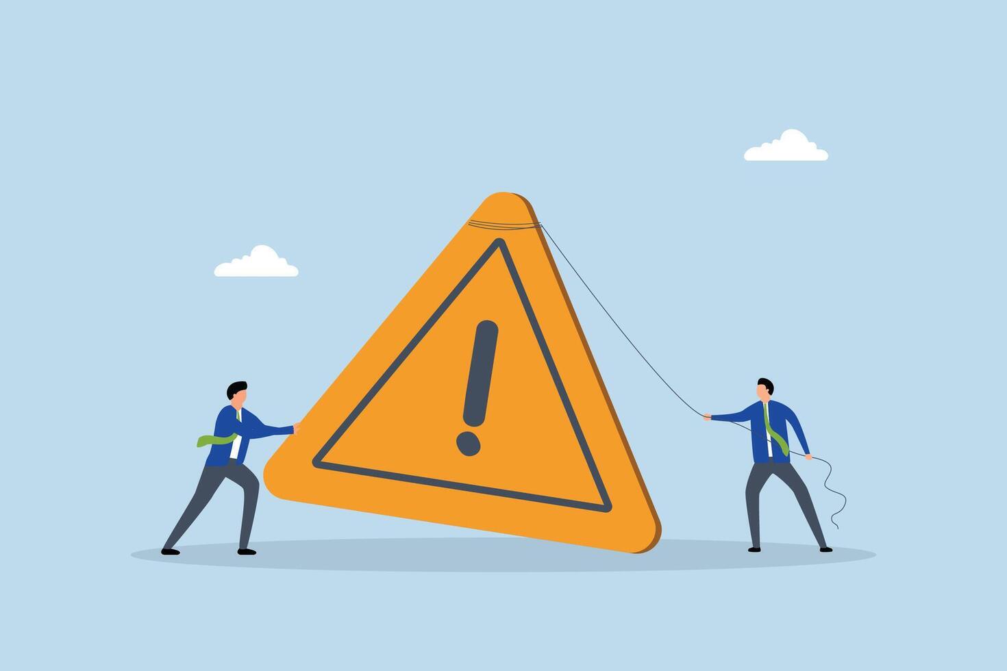 Attention message, businessman pushing exclamation triangle attention sign. vector