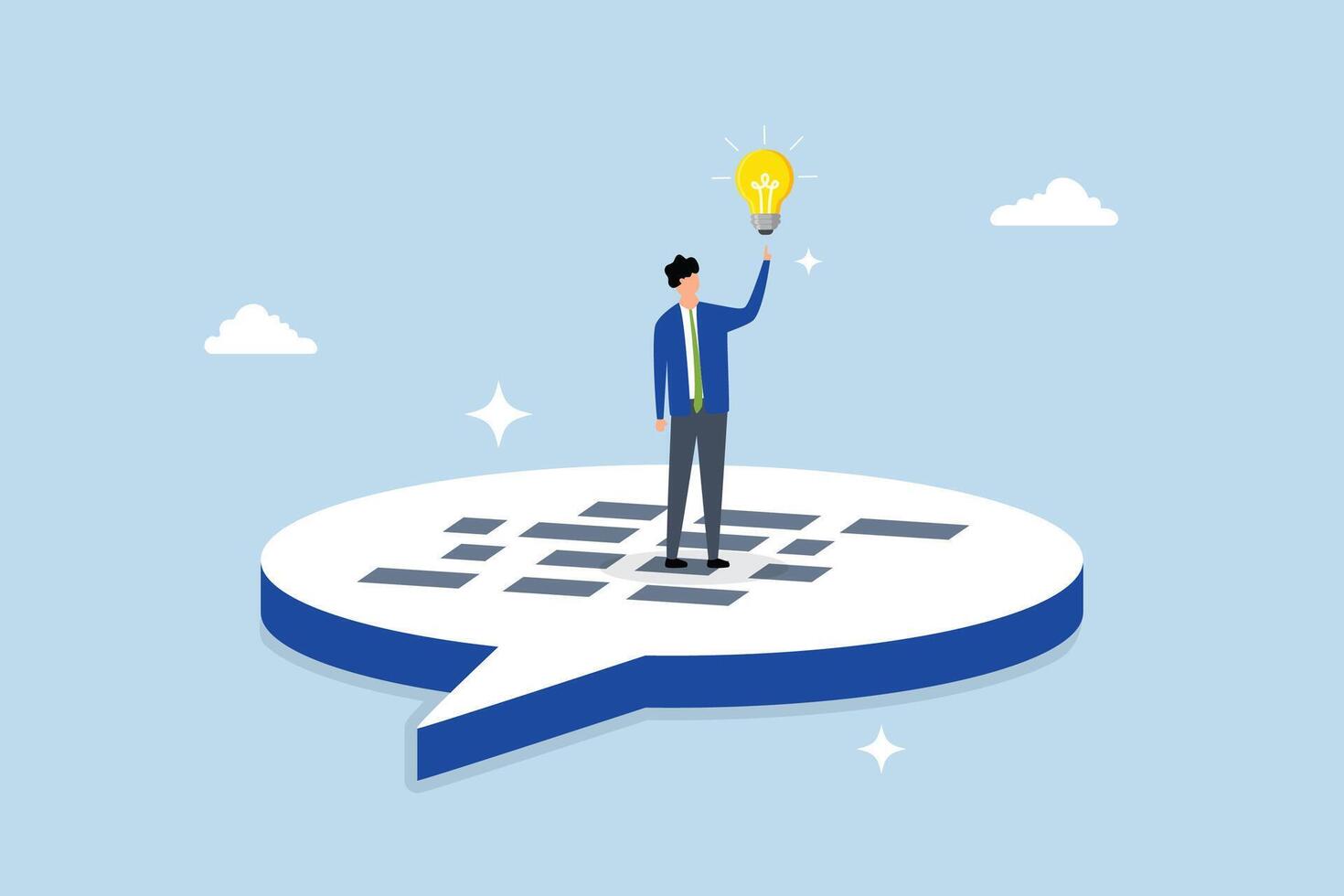 Communication to solve problem, businessman on speech bubble with idea. vector