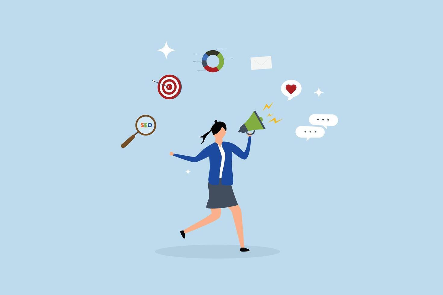 Marketing strategy, woman speak on megaphone with marketing elements. vector
