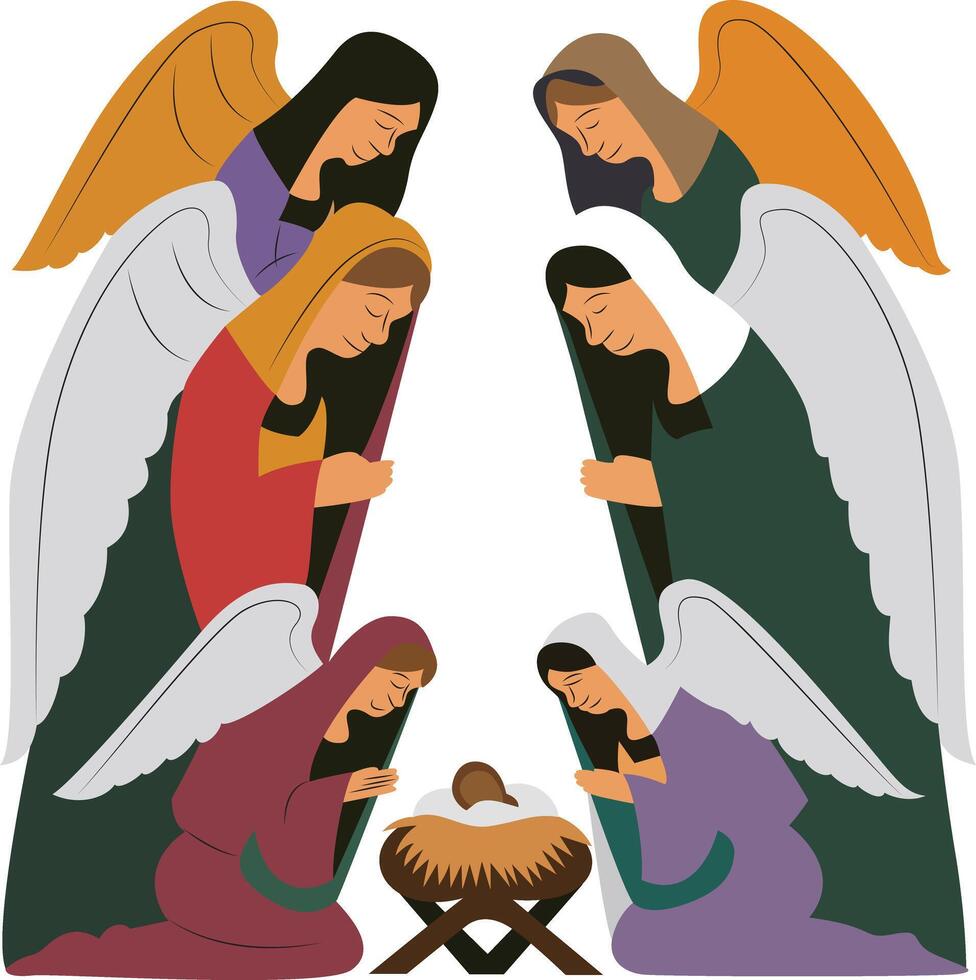Angels Adoring Baby Jesus Nativity Scene vector