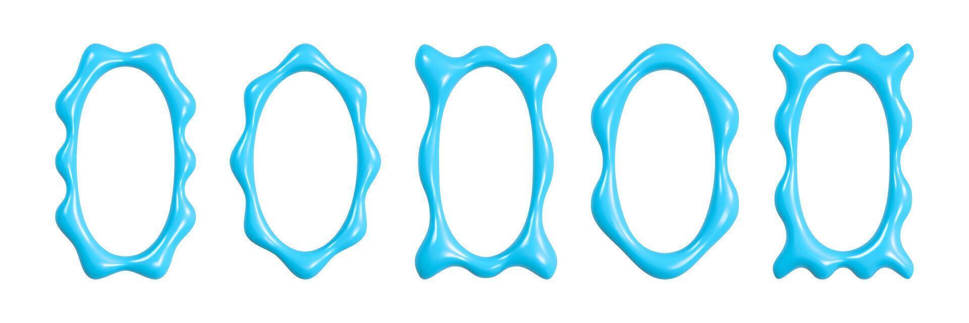 Wavy 3D frames with reflective glossy texture showcasing a variety of shapes and designs perfect for modern decor and artistic presentations vector