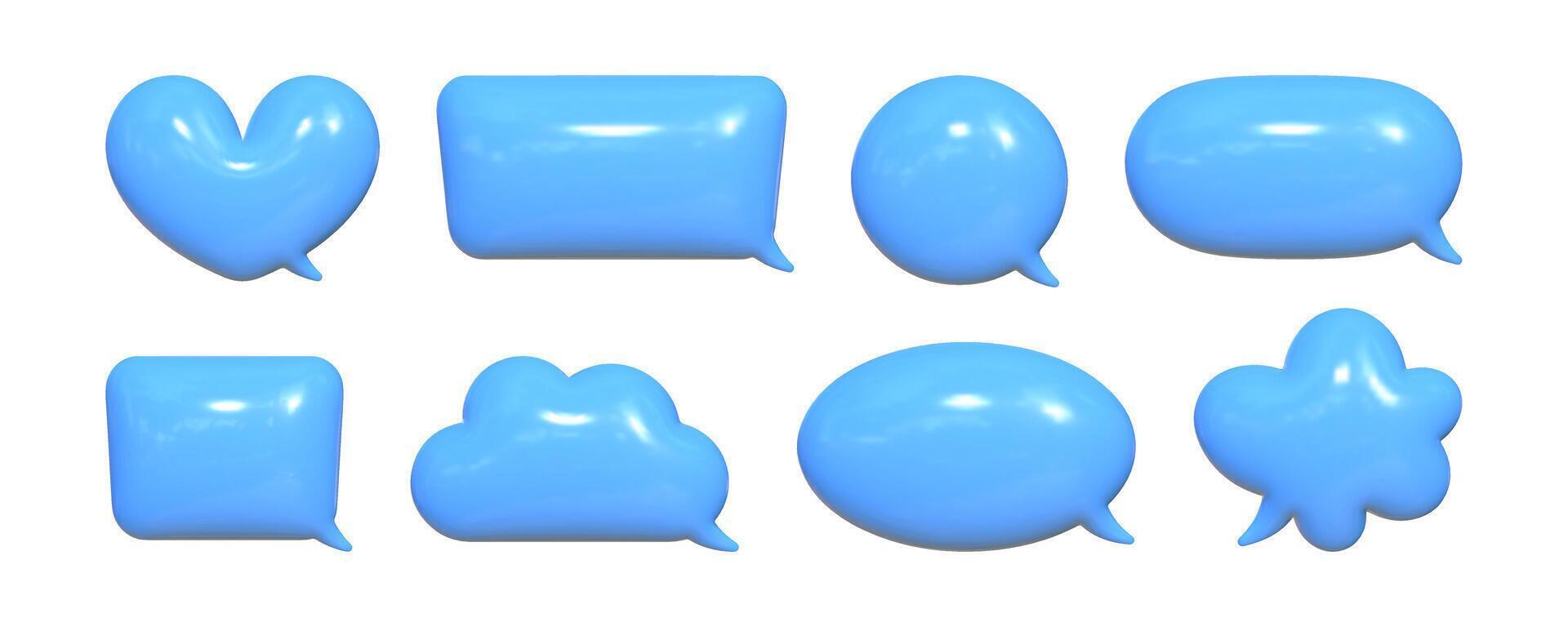 Collection of inflated 3D speech bubbles featuring a reflective texture in a vibrant blue color suitable for various graphic design applications vector