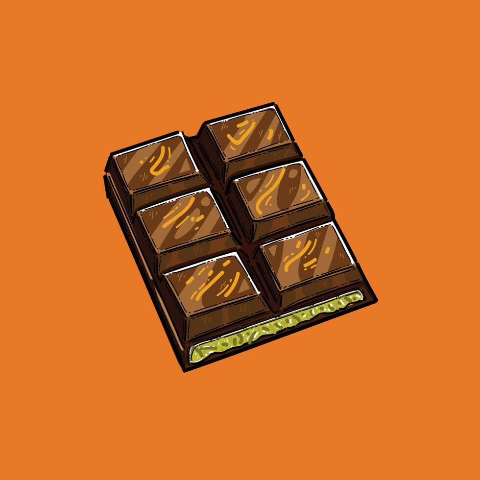 Hand-drawn artwork of a dubai chocolate bar with a vibrant orange background. Perfect for themes of sweets, confections, and design. vector