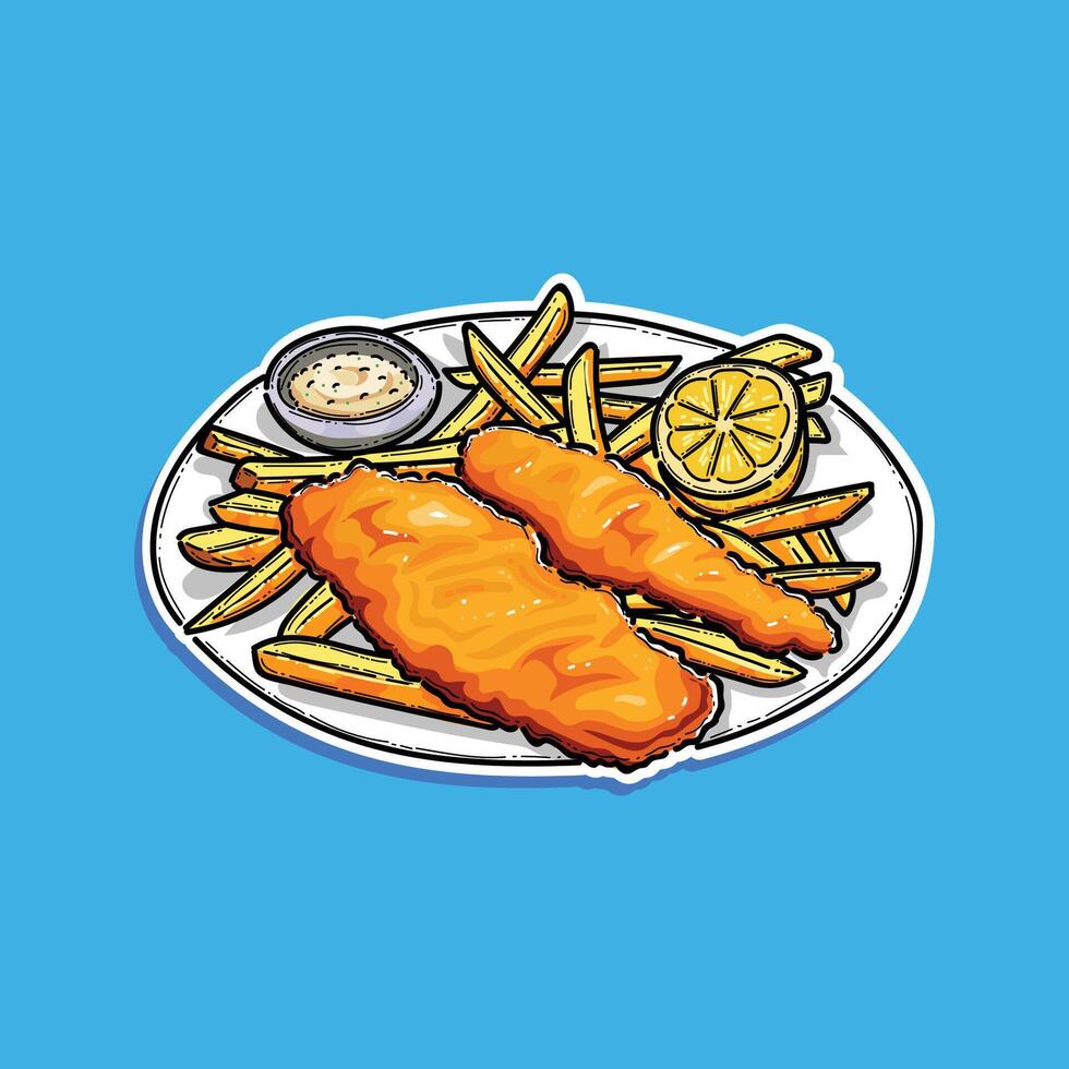 Artistic illustration of a classic fish and chips dish served with tartar sauce and a lemon wedge, all on a white plate contrasting against a vivid blue background. vector