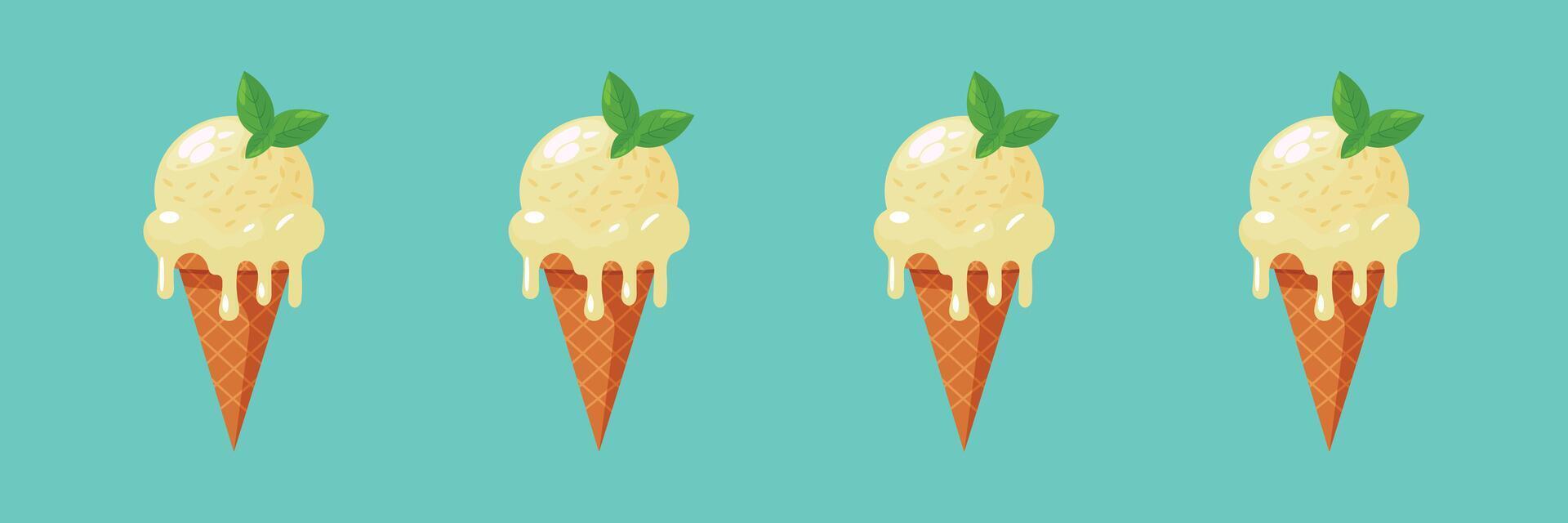 mint ice cream in waffle cones isolated flat illustration. vector