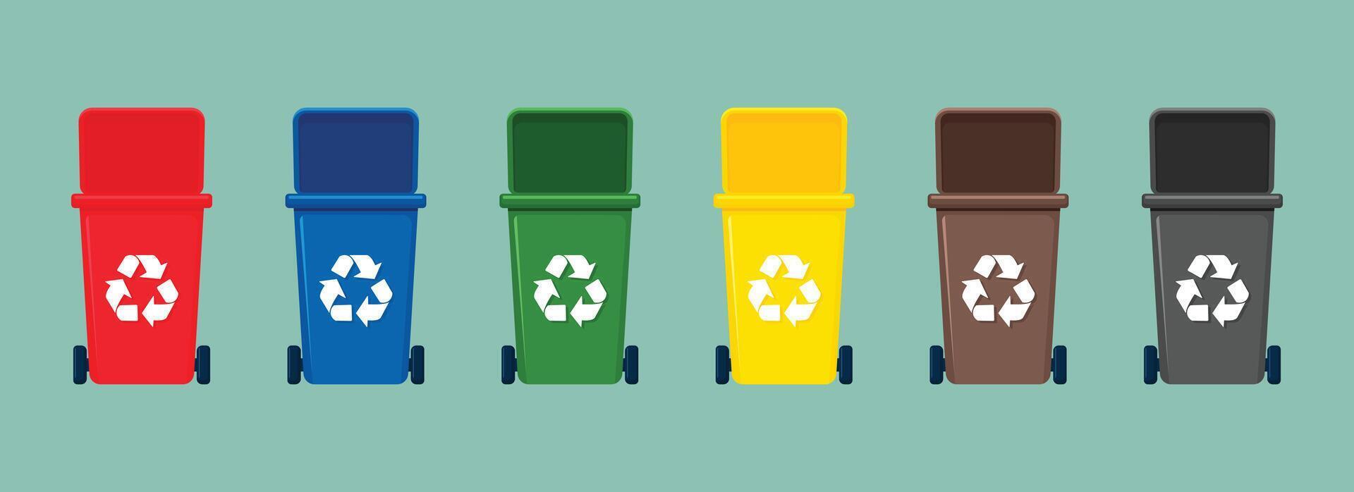 Set of recycling bins for waste sorting flat illustration isolated. vector
